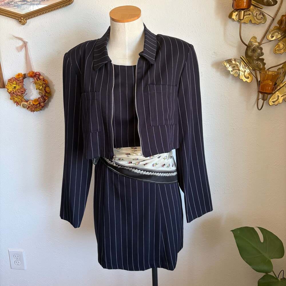 Vintage 90s Pinstripe Cropped Zip-Up Jacket and Dress Set S